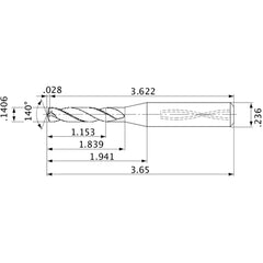 MVS0357X08S060 DP1020 0.1406″ Dia. × 0.236″ Shank × 1.839″ Flute Length × 3.65″ OAL, 140°, 2 Flute, Coolant Thru, Solid Carbide Drill