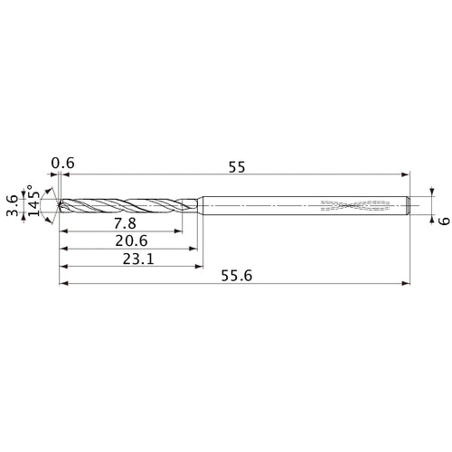 MVS0360X02S060PL DP1020 3.6 mm Dia. × 6 mm Shank × 20.6 mm Flute Length × 55.6 mm OAL, 145°, 2 Flute, Coolant Thru, Solid Carbide Drill