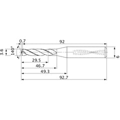 MVS0360X08S060 DP1020 3.6 mm Dia. × 6 mm Shank × 46.7 mm Flute Length × 92.7 mm OAL, 140°, 2 Flute, Coolant Thru, Solid Carbide Drill