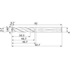 MVS0370X08S040 DP1020 3.7 mm Dia. × 4 mm Shank × 46.7 mm Flute Length × 92.7 mm OAL, 140°, 2 Flute, Coolant Thru, Solid Carbide Drill