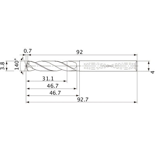 MVS0380X08S040 DP1020 3.8 mm Dia. × 4 mm Shank × 46.7 mm Flute Length × 92.7 mm OAL, 140°, 2 Flute, Coolant Thru, Solid Carbide Drill