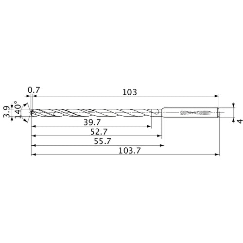 MVS0390X10S040 DP1020 3.9 mm Dia. × 4 mm Shank × 52.7 mm Flute Length × 103.7 mm OAL, 140°, 2 Flute, Coolant Thru, Solid Carbide Drill