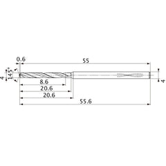 MVS0400X02S040PL DP1020 4 mm Dia. × 4 mm Shank × 20.6 mm Flute Length × 55.6 mm OAL, 145°, 2 Flute, Coolant Thru, Solid Carbide Drill