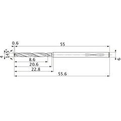 MVS0400X02S060PL DP1020 4 mm Dia. × 6 mm Shank × 20.6 mm Flute Length × 55.6 mm OAL, 145°, 2 Flute, Coolant Thru, Solid Carbide Drill