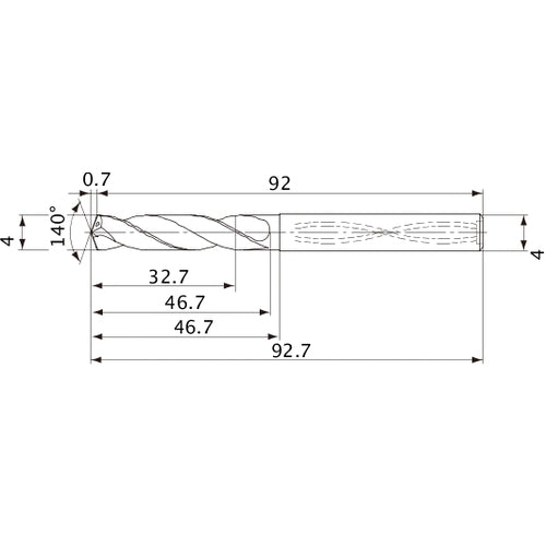 MVS0400X08S040 DP1020 4 mm Dia. × 4 mm Shank × 46.7 mm Flute Length × 92.7 mm OAL, 140°, 2 Flute, Coolant Thru, Solid Carbide Drill