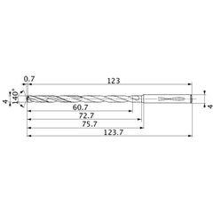 MVS0400X15S040 DP1020 4 mm Dia. × 4 mm Shank × 72.7 mm Flute Length × 123.7 mm OAL, 140°, 2 Flute, Coolant Thru, Solid Carbide Drill