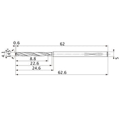 MVS0410X02S050PL DP1020 4.1 mm Dia. × 5 mm Shank × 22.6 mm Flute Length × 62.6 mm OAL, 145°, 2 Flute, Coolant Thru, Solid Carbide Drill