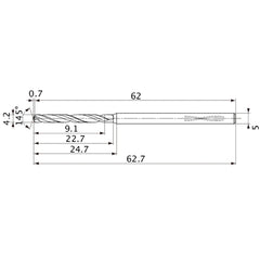 MVS0420X02S050PL DP1020 4.2 mm Dia. × 5 mm Shank × 22.7 mm Flute Length × 62.7 mm OAL, 145°, 2 Flute, Coolant Thru, Solid Carbide Drill