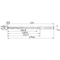 MVS0420X25S060 DP1020 4.2 mm Dia. × 6 mm Shank × 126.8 mm Flute Length × 179.8 mm OAL, 140°, 2 Flute, Coolant Thru, Solid Carbide Drill
