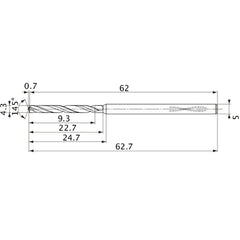 MVS0430X02S050PL DP1020 4.3 mm Dia. × 5 mm Shank × 22.7 mm Flute Length × 62.7 mm OAL, 145°, 2 Flute, Coolant Thru, Solid Carbide Drill