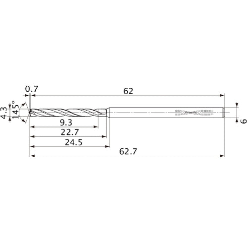 MVS0430X02S060PL DP1020 4.3 mm Dia. × 6 mm Shank × 22.7 mm Flute Length × 62.7 mm OAL, 145°, 2 Flute, Coolant Thru, Solid Carbide Drill