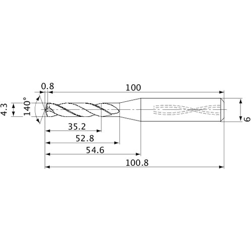 MVS0430X08S060 DP1020 4.3 mm Dia. × 6 mm Shank × 52.8 mm Flute Length × 100.8 mm OAL, 140°, 2 Flute, Coolant Thru, Solid Carbide Drill