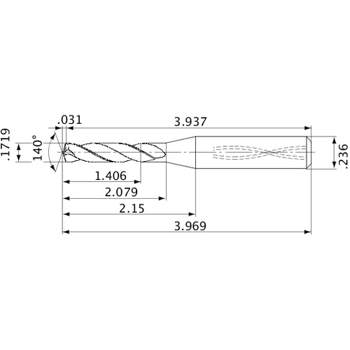 MVS0437X08S060 DP1020 0.1719″ Dia. × 0.236″ Shank × 2.079″ Flute Length × 3.969″ OAL, 140°, 2 Flute, Coolant Thru, Solid Carbide Drill
