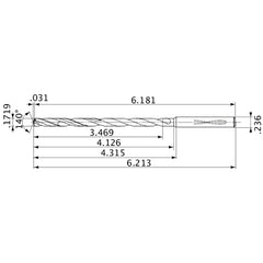 MVS0437X20S060 DP1020 0.1719″ Dia. × 0.236″ Shank × 4.126″ Flute Length × 6.213″ OAL, 140°, 2 Flute, Coolant Thru, Solid Carbide Drill
