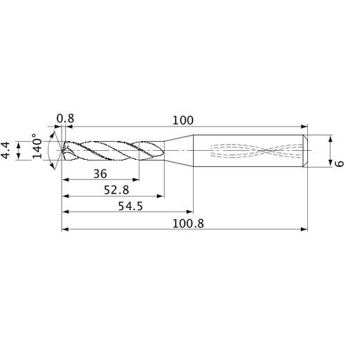 MVS0440X08S060 DP1020 4.4 mm Dia. × 6 mm Shank × 52.8 mm Flute Length × 100.8 mm OAL, 140°, 2 Flute, Coolant Thru, Solid Carbide Drill
