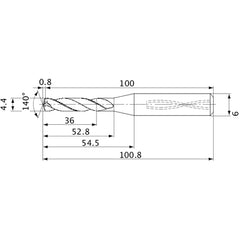 MVS0440X08S060 DP1020 4.4 mm Dia. × 6 mm Shank × 52.8 mm Flute Length × 100.8 mm OAL, 140°, 2 Flute, Coolant Thru, Solid Carbide Drill