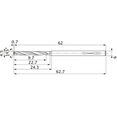 MVS0450X02S060PL DP1020 4.5 mm Dia. × 6 mm Shank × 22.7 mm Flute Length × 62.7 mm OAL, 145°, 2 Flute, Coolant Thru, Solid Carbide Drill