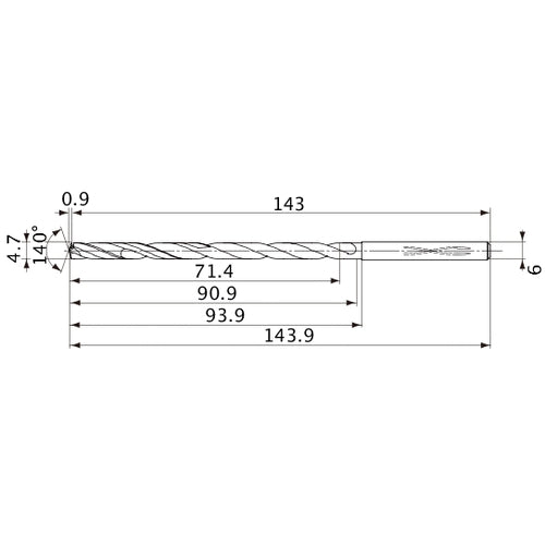 MVS0470X15S060 DP1020 4.7 mm Dia. × 6 mm Shank × 90.9 mm Flute Length × 143.9 mm OAL, 140°, 2 Flute, Coolant Thru, Solid Carbide Drill