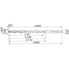 MVS0476X10S060 DP1020 3/16″ Dia. × 0.236″ Shank × 2.594″ Flute Length × 4.681″ OAL, 140°, 2 Flute, Coolant Thru, Solid Carbide Drill