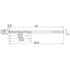 MVS0480X02S050PL DP1020 4.8 mm Dia. × 5 mm Shank × 24.8 mm Flute Length × 62.8 mm OAL, 145°, 2 Flute, Coolant Thru, Solid Carbide Drill