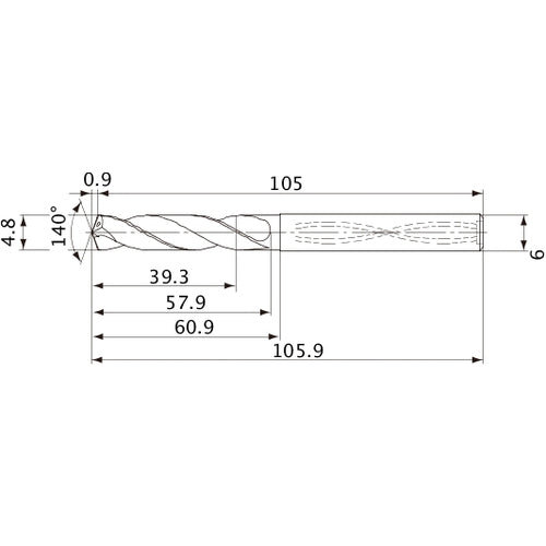 MVS0480X08S060 DP1020 4.8 mm Dia. × 6 mm Shank × 57.9 mm Flute Length × 105.9 mm OAL, 140°, 2 Flute, Coolant Thru, Solid Carbide Drill
