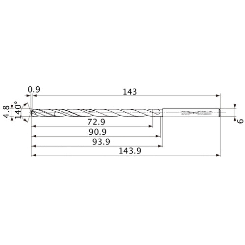 MVS0480X15S060 DP1020 4.8 mm Dia. × 6 mm Shank × 90.9 mm Flute Length × 143.9 mm OAL, 140°, 2 Flute, Coolant Thru, Solid Carbide Drill