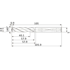 MVS0490X08S050 DP1020 4.9 mm Dia. × 5 mm Shank × 57.9 mm Flute Length × 105.9 mm OAL, 140°, 2 Flute, Coolant Thru, Solid Carbide Drill