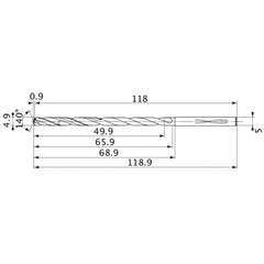 MVS0490X10S050 DP1020 4.9 mm Dia. × 5 mm Shank × 65.9 mm Flute Length × 118.9 mm OAL, 140°, 2 Flute, Coolant Thru, Solid Carbide Drill