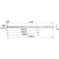 MVS0500X30S060 DP1020 5 mm Dia. × 6 mm Shank × 165.9 mm Flute Length × 218.9 mm OAL, 140°, 2 Flute, Coolant Thru, Solid Carbide Drill