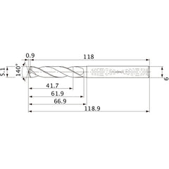 MVS0510X08S060 DP1020 5.1 mm Dia. × 6 mm Shank × 61.9 mm Flute Length × 118.9 mm OAL, 140°, 2 Flute, Coolant Thru, Solid Carbide Drill