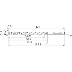 MVS0510X10S060 DP1020 5.1 mm Dia. × 6 mm Shank × 72.9 mm Flute Length × 127.9 mm OAL, 140°, 2 Flute, Coolant Thru, Solid Carbide Drill