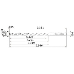 MVS0516X30S060 DP1020 0.2031″ Dia. × 0.236″ Shank × 7.201″ Flute Length × 9.366″ OAL, 140°, 2 Flute, Coolant Thru, Solid Carbide Drill