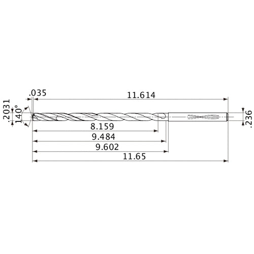 MVS0516X40S060 DP1020 0.2031″ Dia. × 0.236″ Shank × 9.484″ Flute Length × 11.65″ OAL, 140°, 2 Flute, Coolant Thru, Solid Carbide Drill