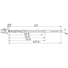 MVS0520X10S060 DP1020 5.2 mm Dia. × 6 mm Shank × 72.9 mm Flute Length × 127.9 mm OAL, 140°, 2 Flute, Coolant Thru, Solid Carbide Drill