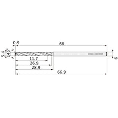 MVS0540X02S060PL DP1020 5.4 mm Dia. × 6 mm Shank × 26.9 mm Flute Length × 66.9 mm OAL, 145°, 2 Flute, Coolant Thru, Solid Carbide Drill