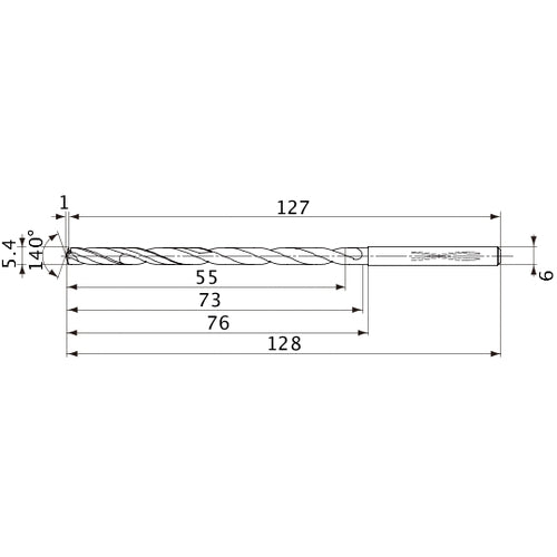 MVS0540X10S060 DP1020 5.4 mm Dia. × 6 mm Shank × 73 mm Flute Length × 128 mm OAL, 140°, 2 Flute, Coolant Thru, Solid Carbide Drill