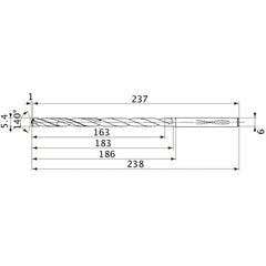 MVS0540X30S060 DP1020 5.4 mm Dia. × 6 mm Shank × 183 mm Flute Length × 238 mm OAL, 140°, 2 Flute, Coolant Thru, Solid Carbide Drill