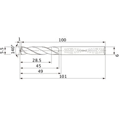 MVS0550X05S060 DP1020 5.5 mm Dia. × 6 mm Shank × 45 mm Flute Length × 101 mm OAL, 140°, 2 Flute, Coolant Thru, Solid Carbide Drill