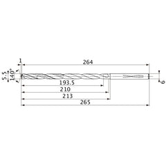 MVS0550X35S060 DP1020 5.5 mm Dia. × 6 mm Shank × 210 mm Flute Length × 265 mm OAL, 140°, 2 Flute, Coolant Thru, Solid Carbide Drill