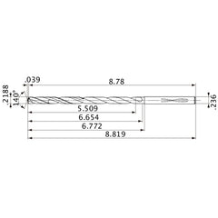 MVS0556X25S060 DP1020 0.2188″ Dia. × 0.236″ Shank × 6.654″ Flute Length × 8.819″ OAL, 140°, 2 Flute, Coolant Thru, Solid Carbide Drill