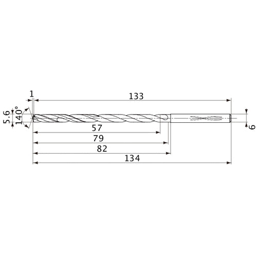 MVS0560X10S060 DP1020 5.6 mm Dia. × 6 mm Shank × 79 mm Flute Length × 134 mm OAL, 140°, 2 Flute, Coolant Thru, Solid Carbide Drill
