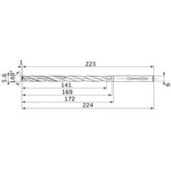 MVS0560X25S060 DP1020 5.6 mm Dia. × 6 mm Shank × 169 mm Flute Length × 224 mm OAL, 140°, 2 Flute, Coolant Thru, Solid Carbide Drill
