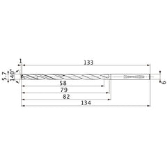 MVS0570X10S060 DP1020 5.7 mm Dia. × 6 mm Shank × 79 mm Flute Length × 134 mm OAL, 140°, 2 Flute, Coolant Thru, Solid Carbide Drill