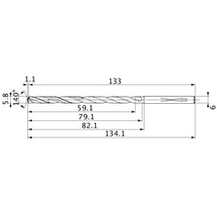 MVS0580X10S060 DP1020 5.8 mm Dia. × 6 mm Shank × 79.1 mm Flute Length × 134.1 mm OAL, 140°, 2 Flute, Coolant Thru, Solid Carbide Drill