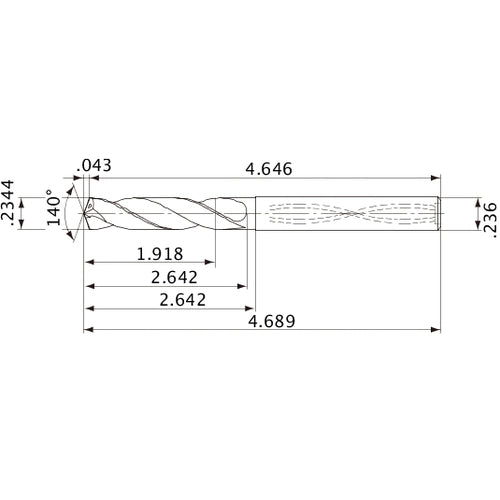 MVS0595X08S060 DP1020 0.2344″ Dia. × 0.236″ Shank × 2.642″ Flute Length × 4.689″ OAL, 140°, 2 Flute, Coolant Thru, Solid Carbide Drill