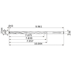 MVS0595X30S060 DP1020 0.2344″ Dia. × 0.236″ Shank × 7.839″ Flute Length × 10.004″ OAL, 140°, 2 Flute, Coolant Thru, Solid Carbide Drill