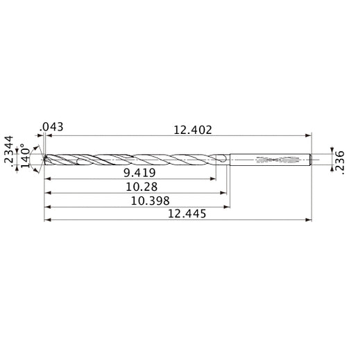 MVS0595X40S060 DP1020 0.2344″ Dia. × 0.236″ Shank × 10.28″ Flute Length × 12.445″ OAL, 140°, 2 Flute, Coolant Thru, Solid Carbide Drill