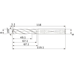 MVS0600X08S060 DP1020 6 mm Dia. × 6 mm Shank × 67.1 mm Flute Length × 119.1 mm OAL, 140°, 2 Flute, Coolant Thru, Solid Carbide Drill