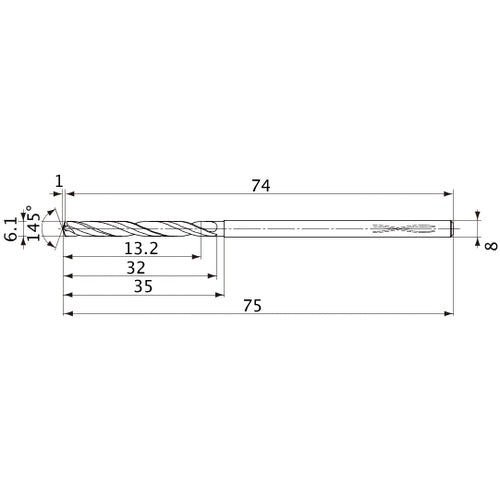MVS0610X02S080PL DP1020 6.1 mm Dia. × 8 mm Shank × 32 mm Flute Length × 75 mm OAL, 145°, 2 Flute, Coolant Thru, Solid Carbide Drill