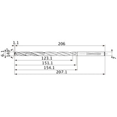 MVS0610X20S070 DP1020 6.1 mm Dia. × 7 mm Shank × 151.1 mm Flute Length × 207.1 mm OAL, 140°, 2 Flute, Coolant Thru, Solid Carbide Drill
